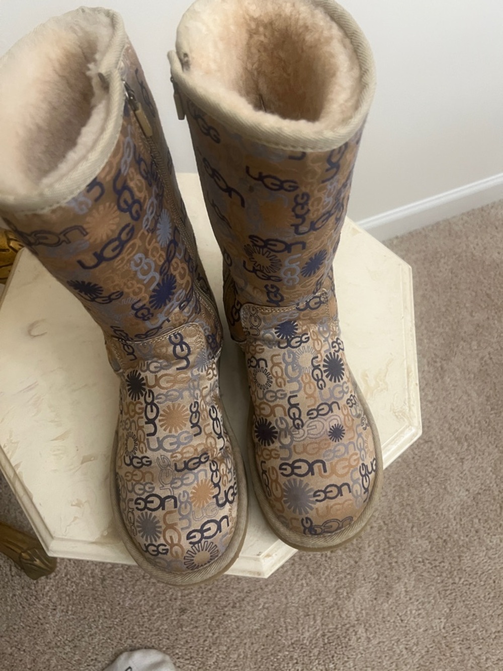 UGG Logo Print Shearling Mid-Calf Boots in Tan and Navy